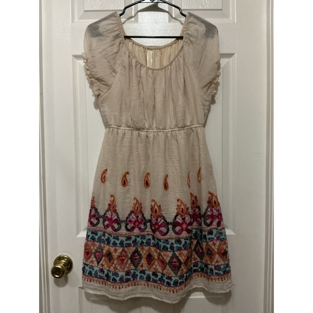 Teenplo Embroidered Dress‎ L Cream Scoop Neck Boho Peasant